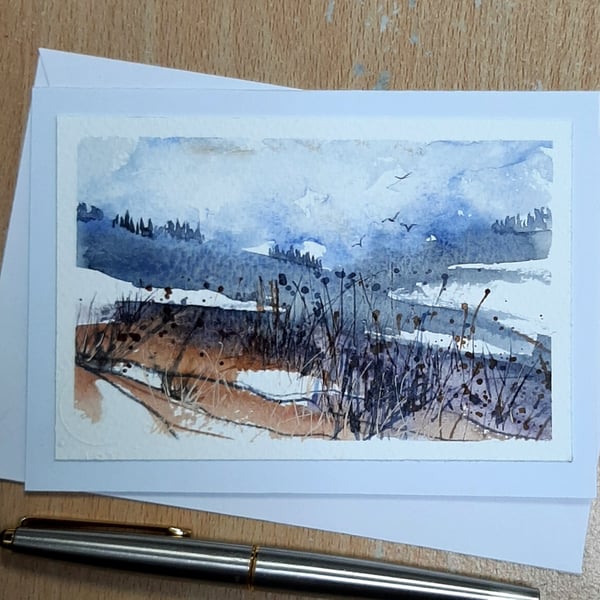 Misty Moorland. Handpainted Blank Card. 