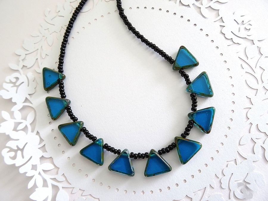 Necklace Czech Glass Table Cut Triangles Royal Blue and Black