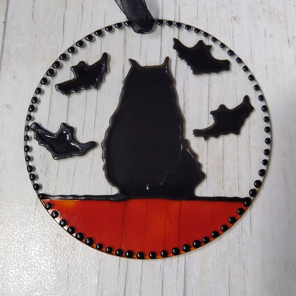 Halloween black cat and bats sun catcher decoration.