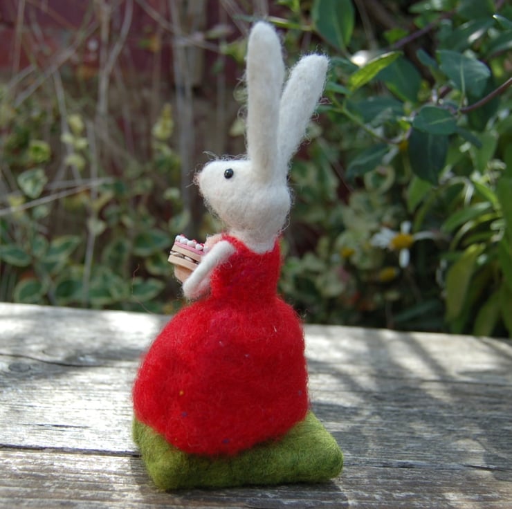 Needlefelt white rabbit wearing a red dress and... - Folksy
