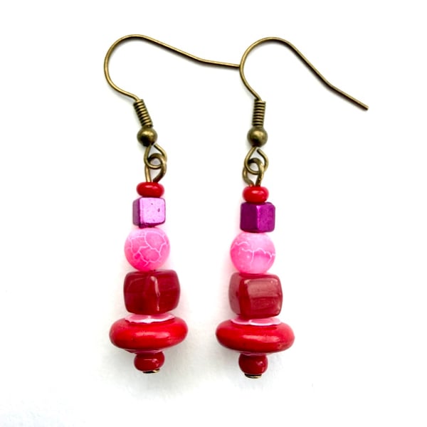 Red Pink and Purple Drop Earrings. 