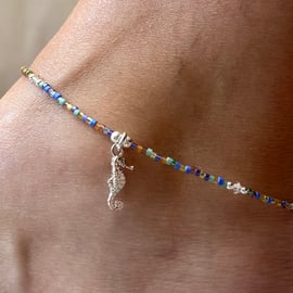 Sterling Silver Seahorse & Miyuki Beaded Anklet. Extension Chain. 