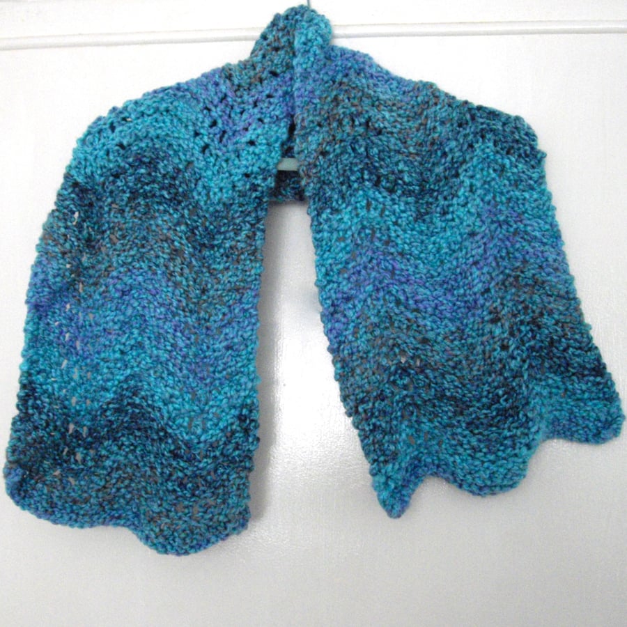Turquoise Patterned Hand Knitted Scarf - UK Free Post