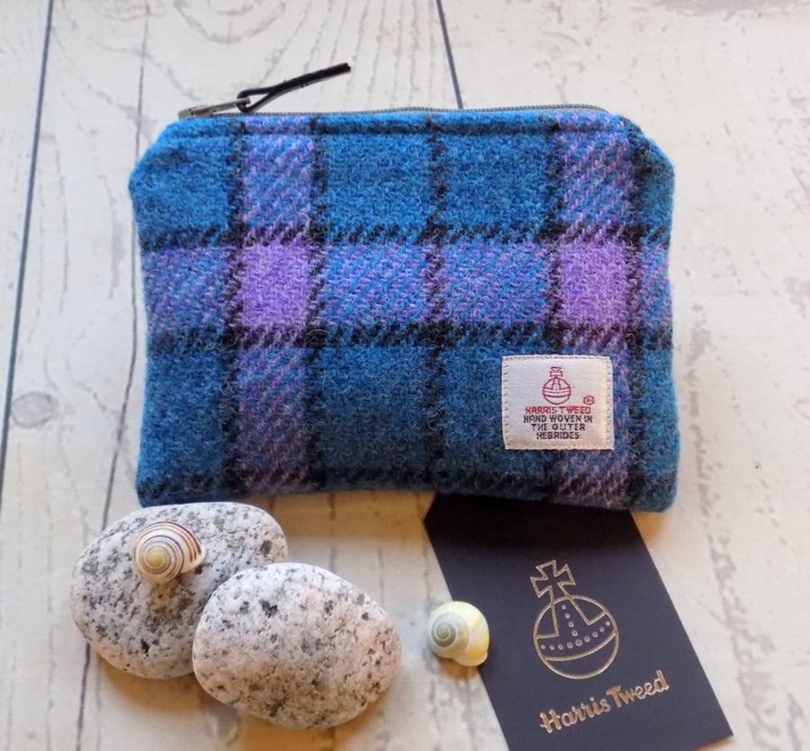 Harris Tweed coin purse.  Check weave in deep turquoise, lilac and charcoal