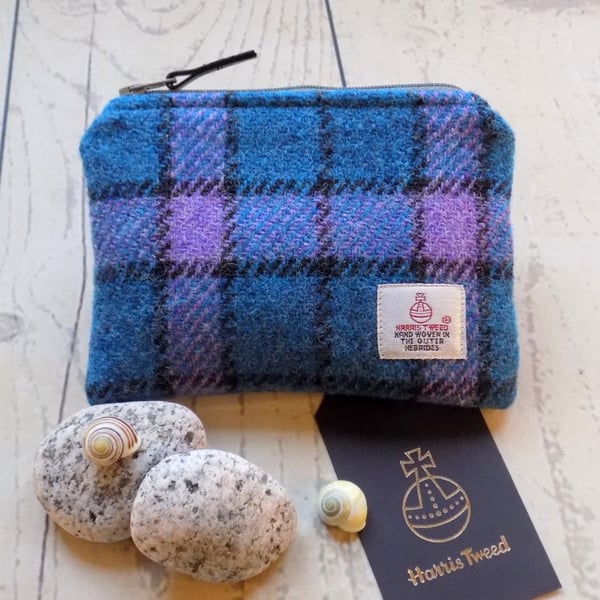 Harris Tweed coin purse.  Check weave in deep turquoise, lilac and charcoal