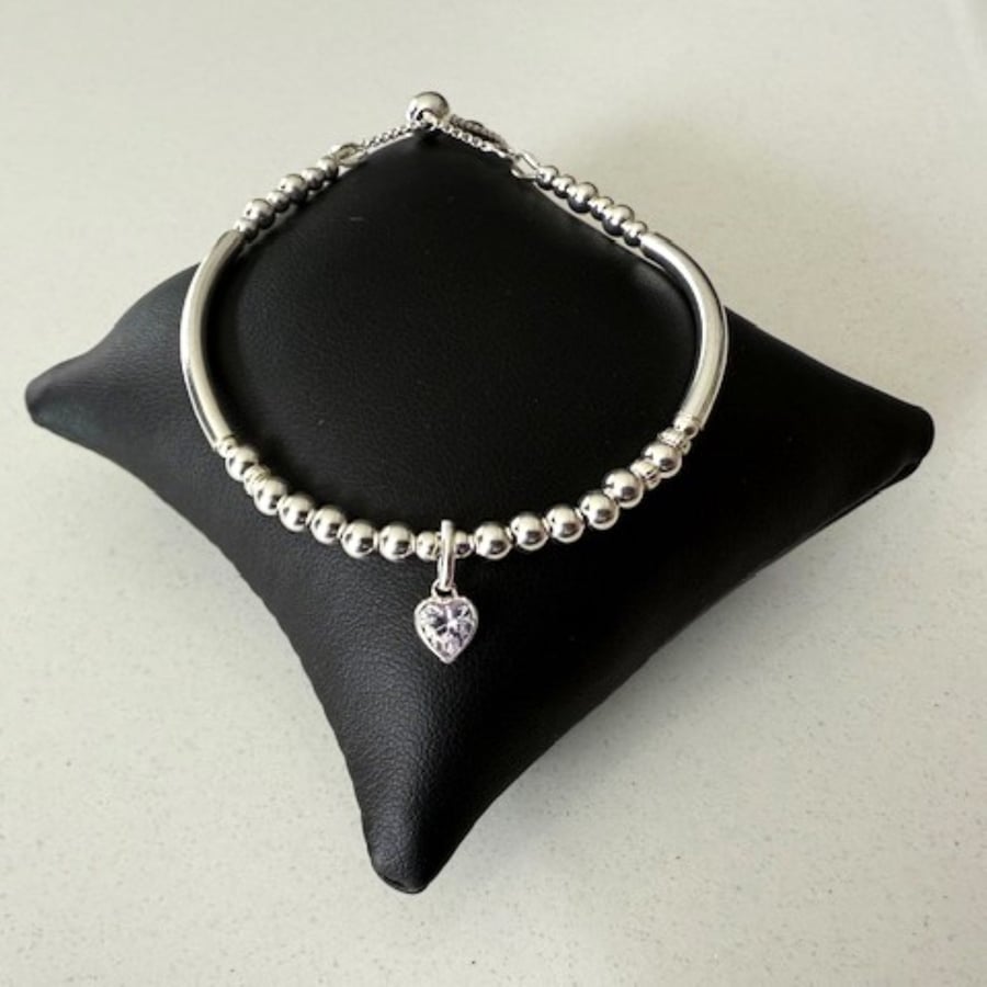 Sterling Silver Bead Noodle Bracelet with Clear CZ Heart Charm, Adjustable