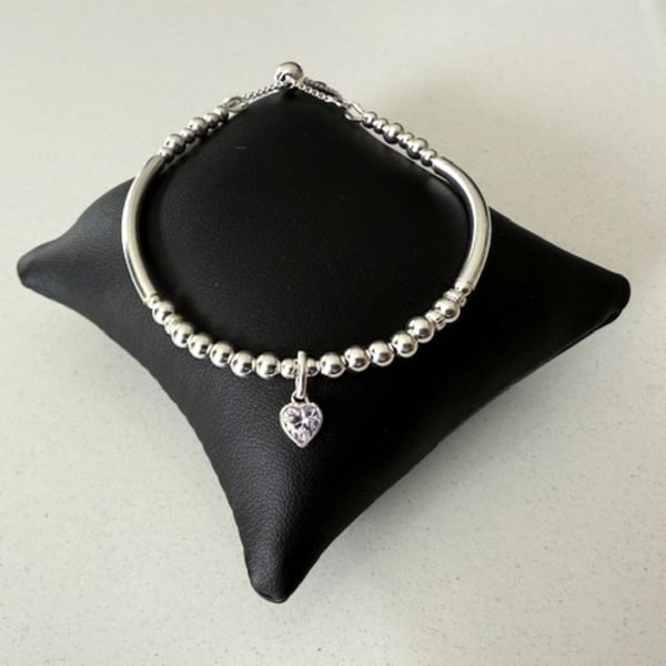 Sterling Silver Bead Noodle Bracelet with Clear CZ Heart Charm, Adjustable
