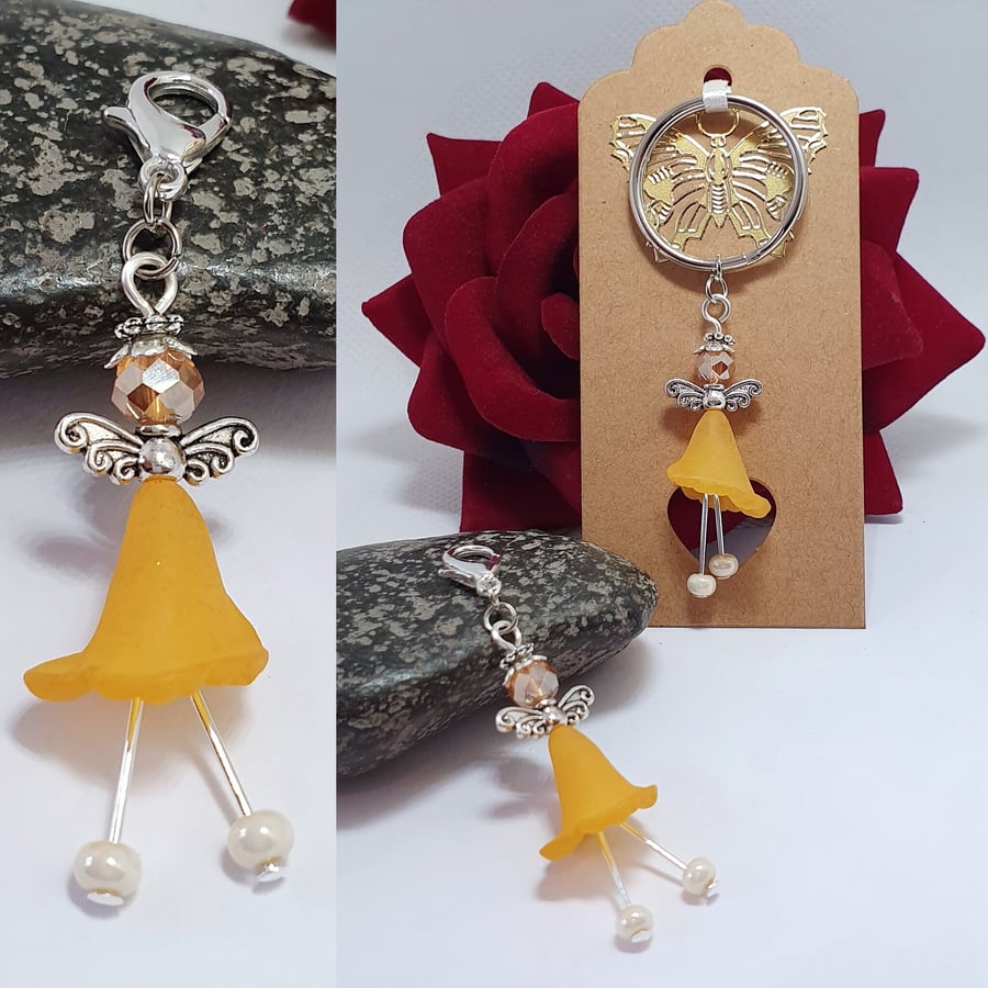 Colourful little orange flower fairy keyring and zip charm