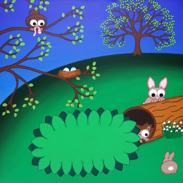 Nursery Decor Spring Animals 12" Print - cute landscape art with cartoon rabbits