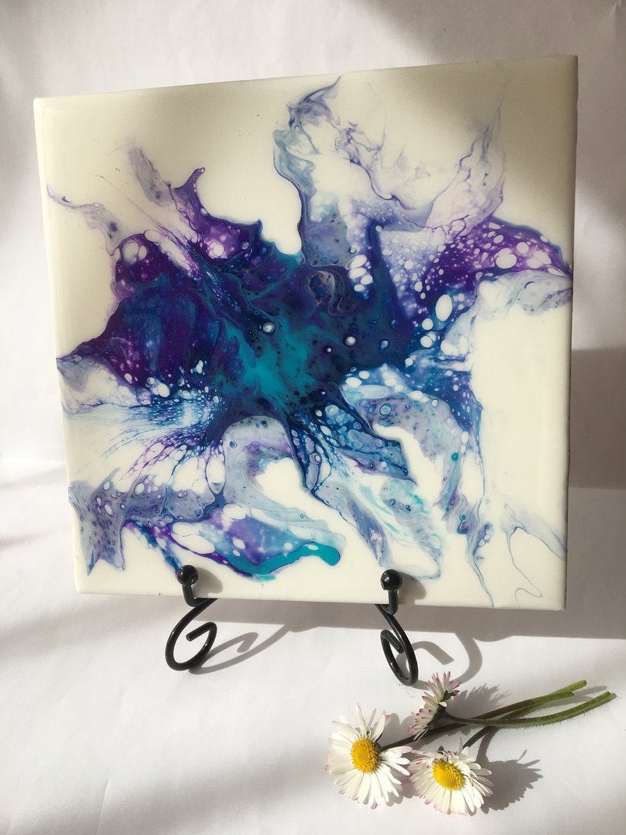 Fluid art ,6”x6”ceramic tile, trivet, decoration, blue abstract flower 