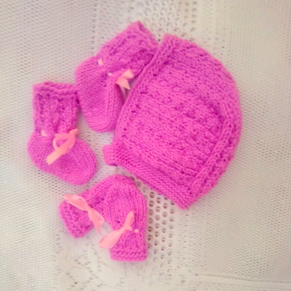 Baby's Bonnet Mittens and Booties Set, Baby Shower Gift, Prem Sizes Available