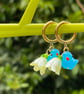 Glass bluebird flower huggie hoops Brass pearlised floral - Image 2