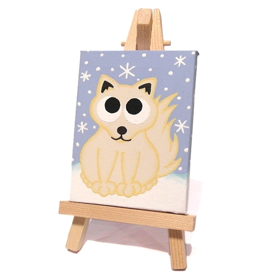 Arctic Fox Mini Canvas and Easel - original acrylic painting of a cute white fox