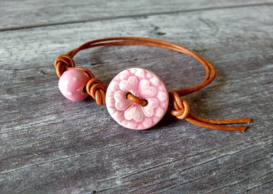 "Pretty in Pink" Button Wrap - Leather Wrap Bracelet