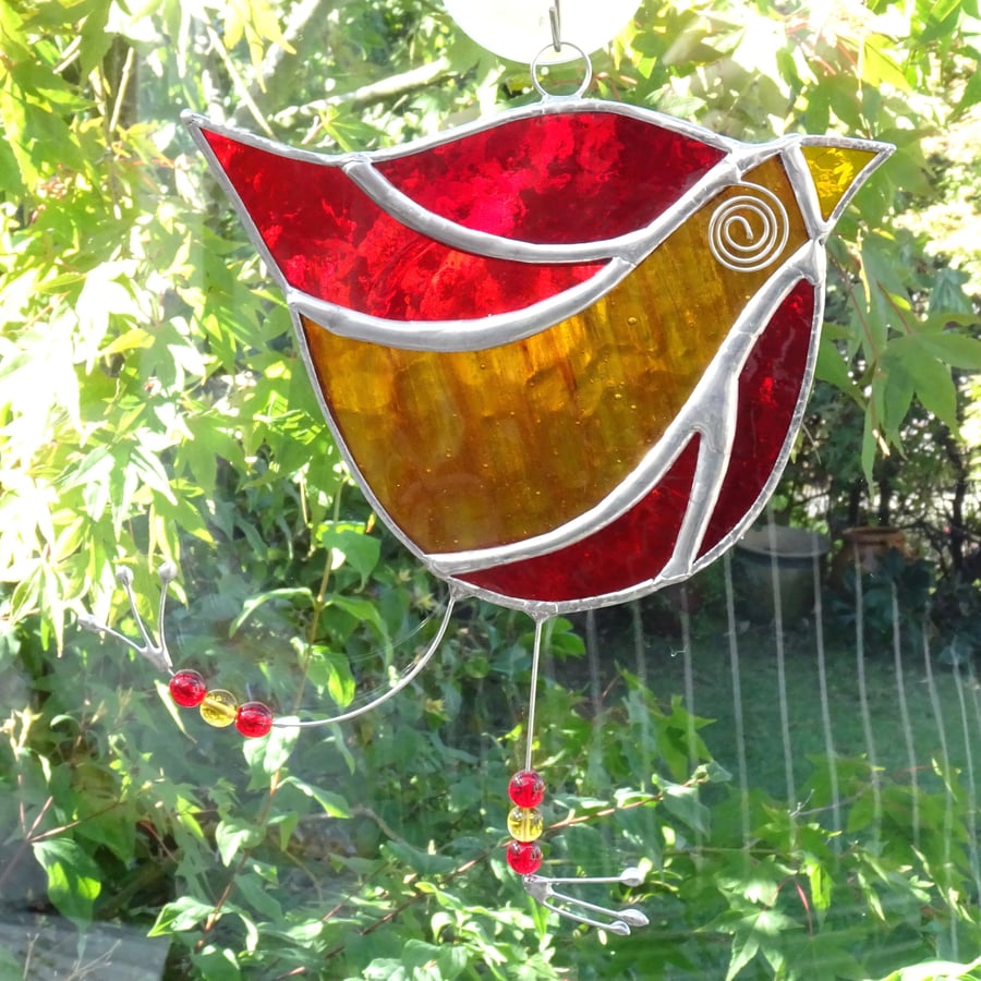 Stained Glass Funky Bird Suncatcher  - Handmade Decoration - Red