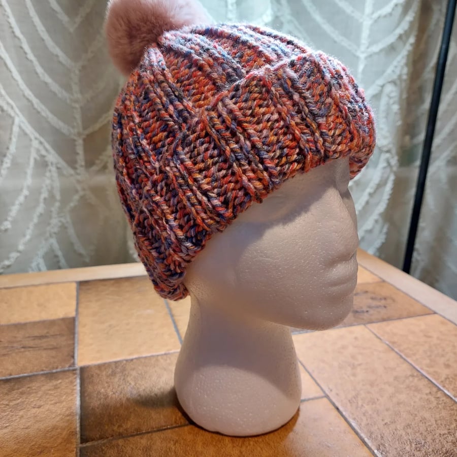 Chunky Hand knitted ribbed bobble hat