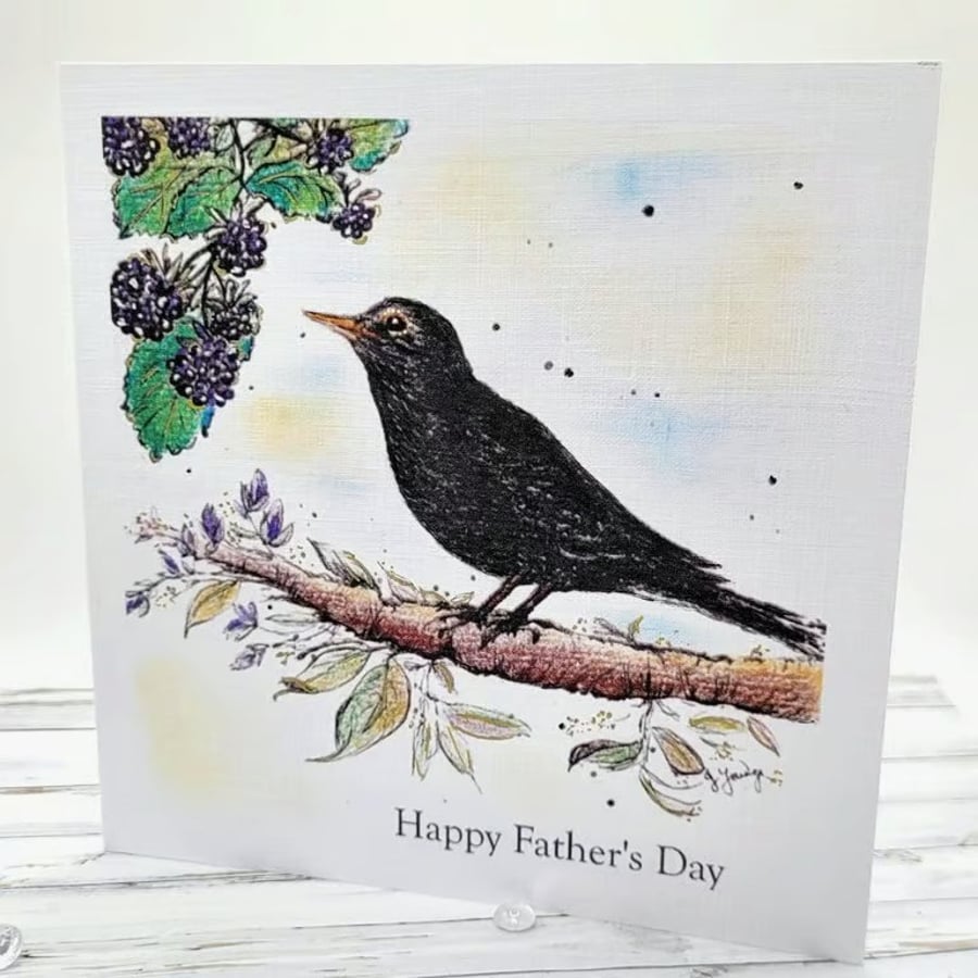 Father's Day Card - blackbird, berries, original art card