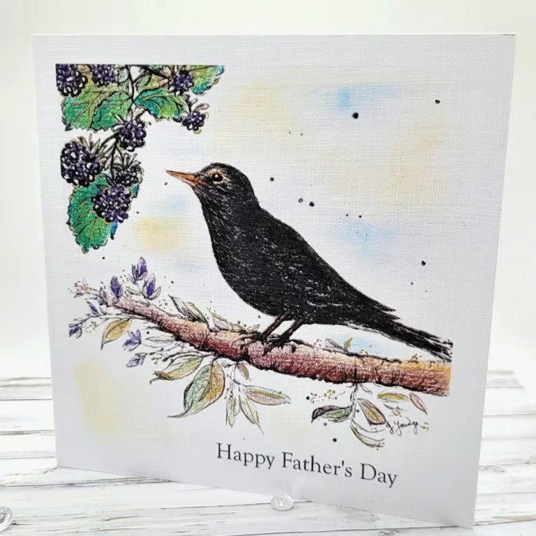 Father's Day Card - blackbird, berries, original art card