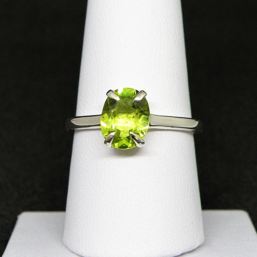 Natural Green Changbai Peridot 9x7mm Silver Ring Size R