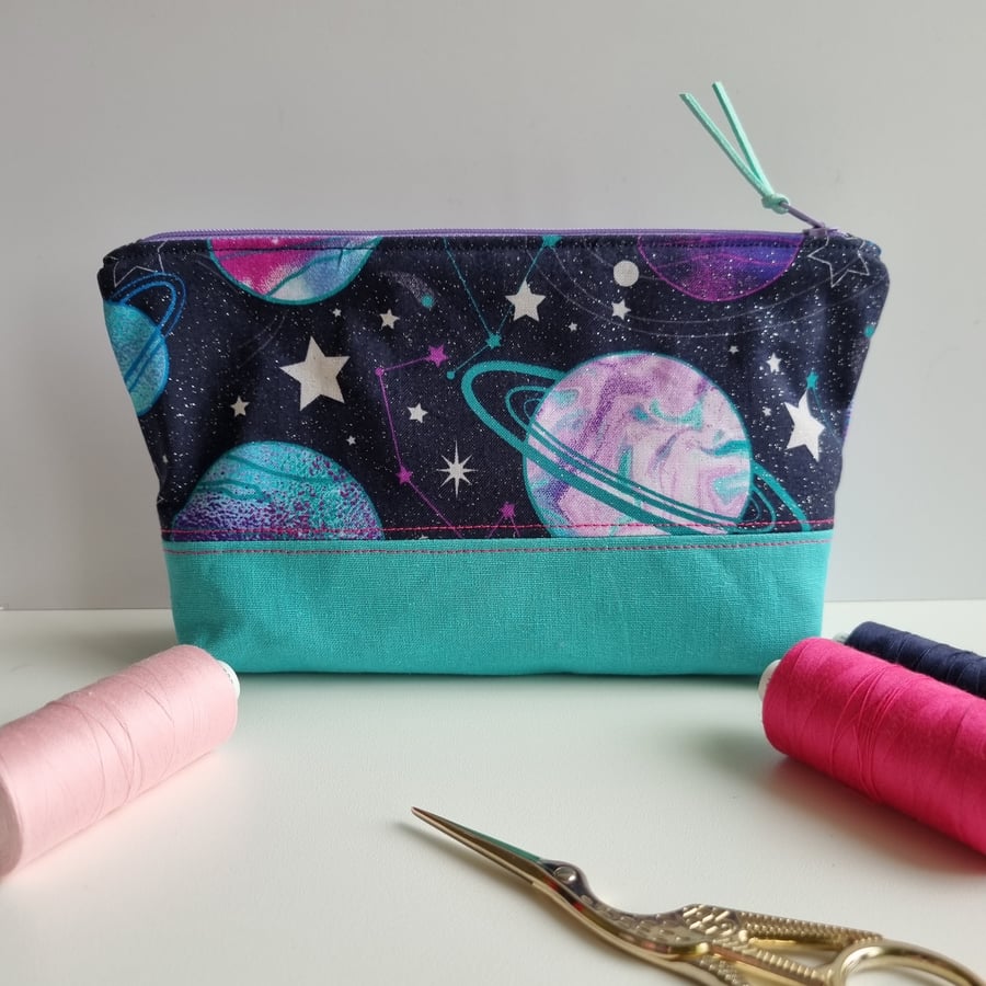 Large pencil case, zipped pouch, planets multi colour, notions case, make-up bag