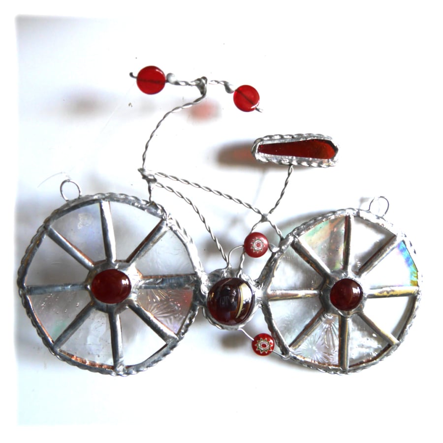 SOLD Bicycle Suncatcher Red Stained Glass Handmade Cycling 027