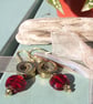 Earrings gold haematite red vintage glass semi precious dangle circle