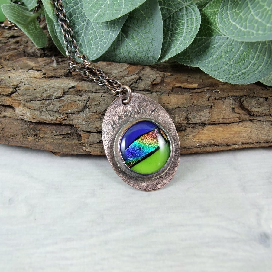 Dichroic Glass and Copper Seascape Harmony Necklace. Artisan Pendant