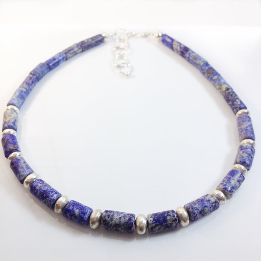 Silver and lapis lazuli bead necklace