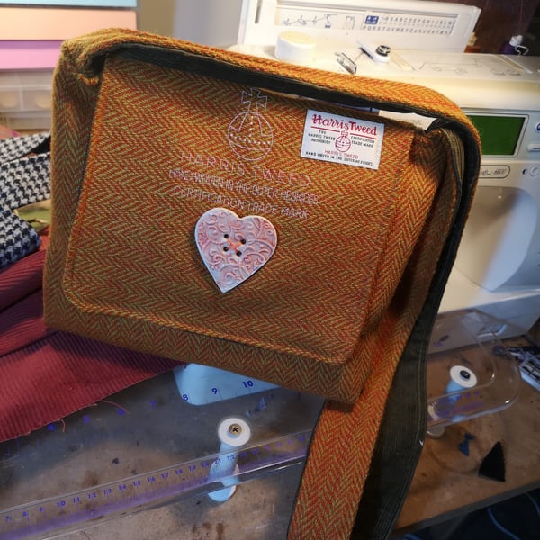 Harris Tweed bag with handmade button and mill stamp 