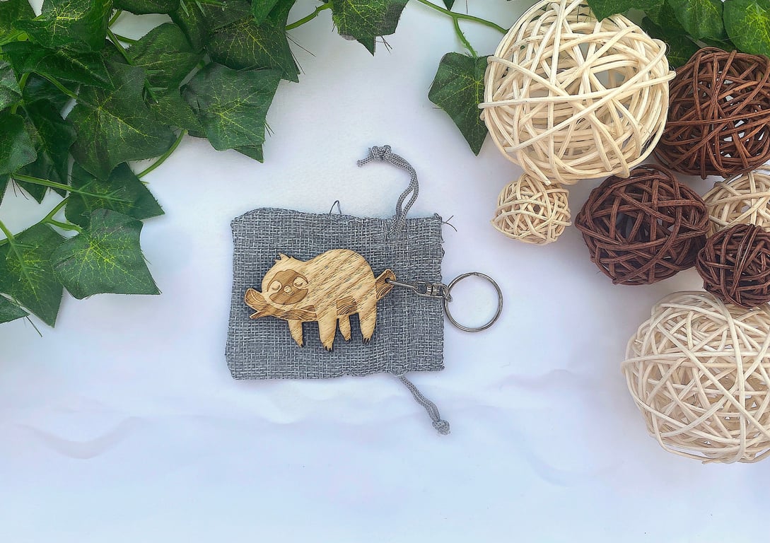 Sloth Keyring, Wood Sloth Keychain with Gift Bag