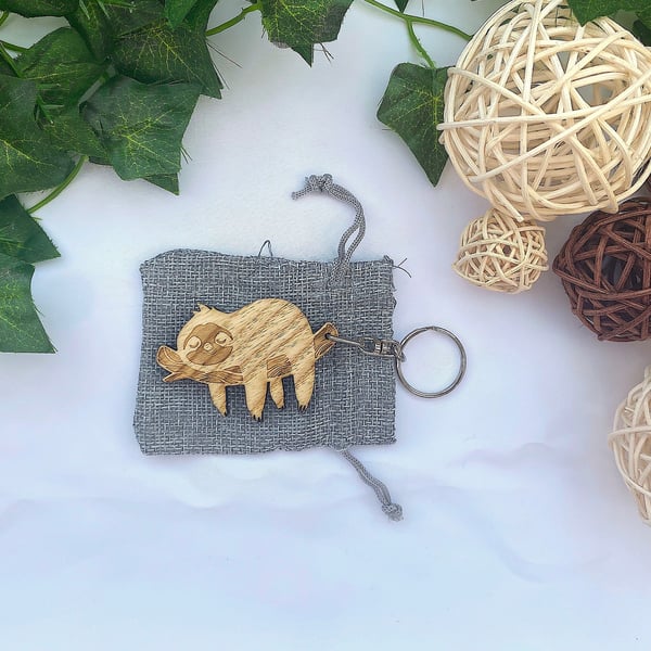 Sloth Keyring, Wood Sloth Keychain with Gift Bag