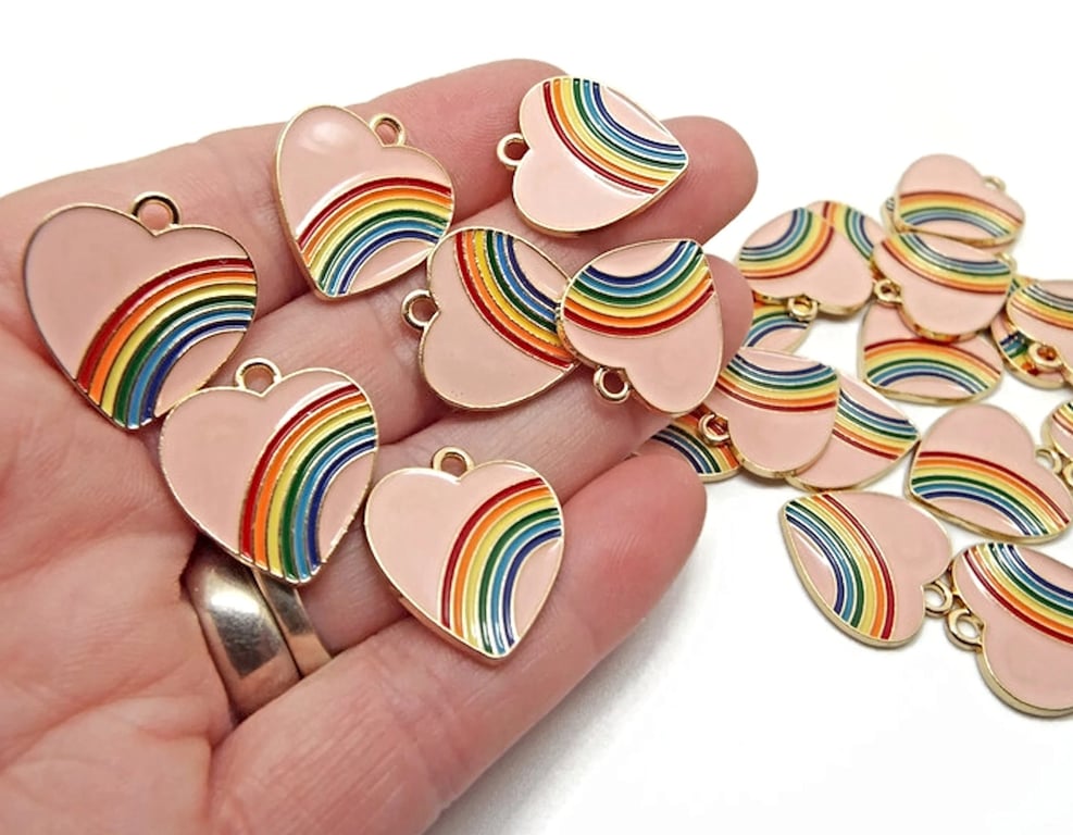 10 Rainbow Heart Charms, Pink with Gold Base, 20x18mm