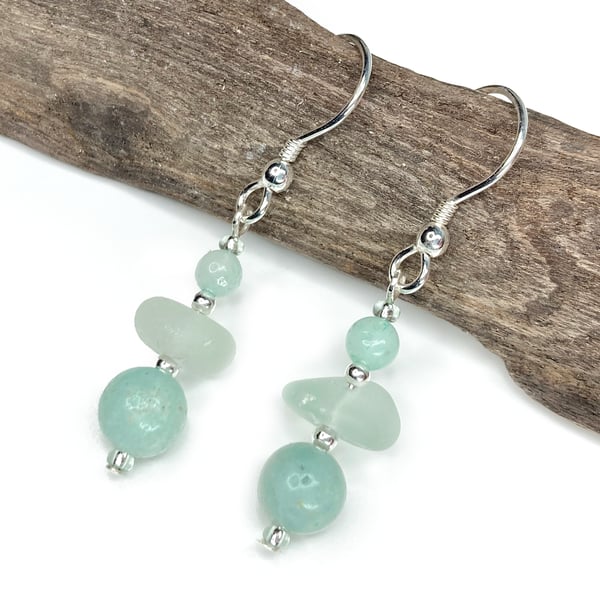 Sea Glass Earrings. Green Amazonite Crystal Dangly Earrings - Sterling Silver