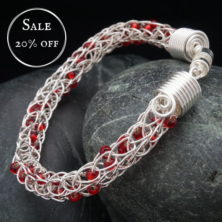 SALE - Silver Viking Knit Bracelet with Red Beads