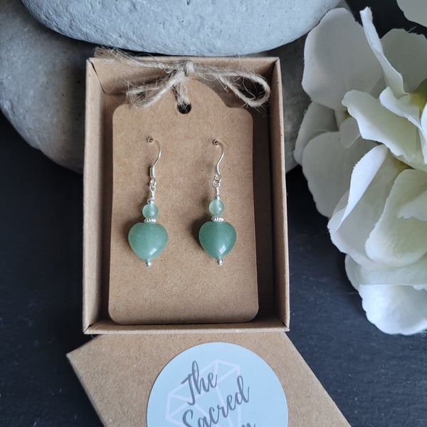 Green Aventurine Heart and Sterling Silver Earrings