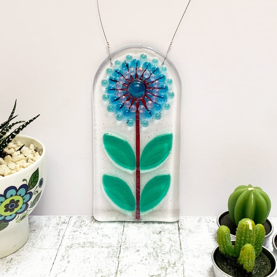 Blue Fused Glass Retro Allium Hanging - Handmade Glass Suncatcher