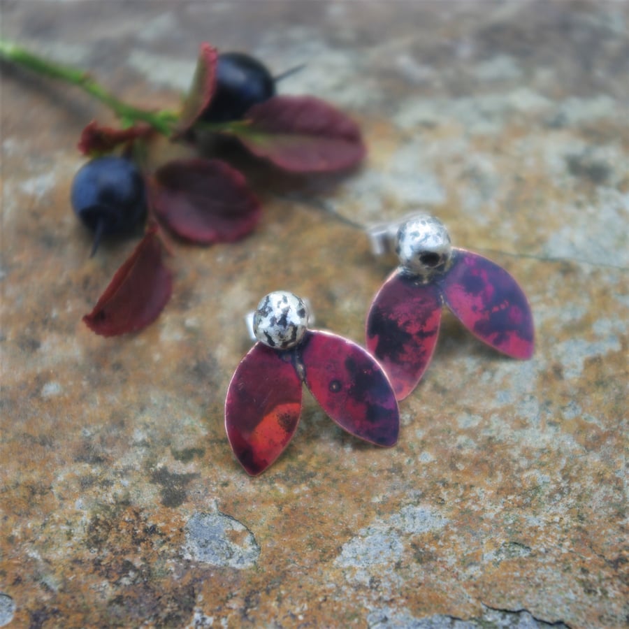 Copper and Silver Leaf and Berry  Stud Earrings