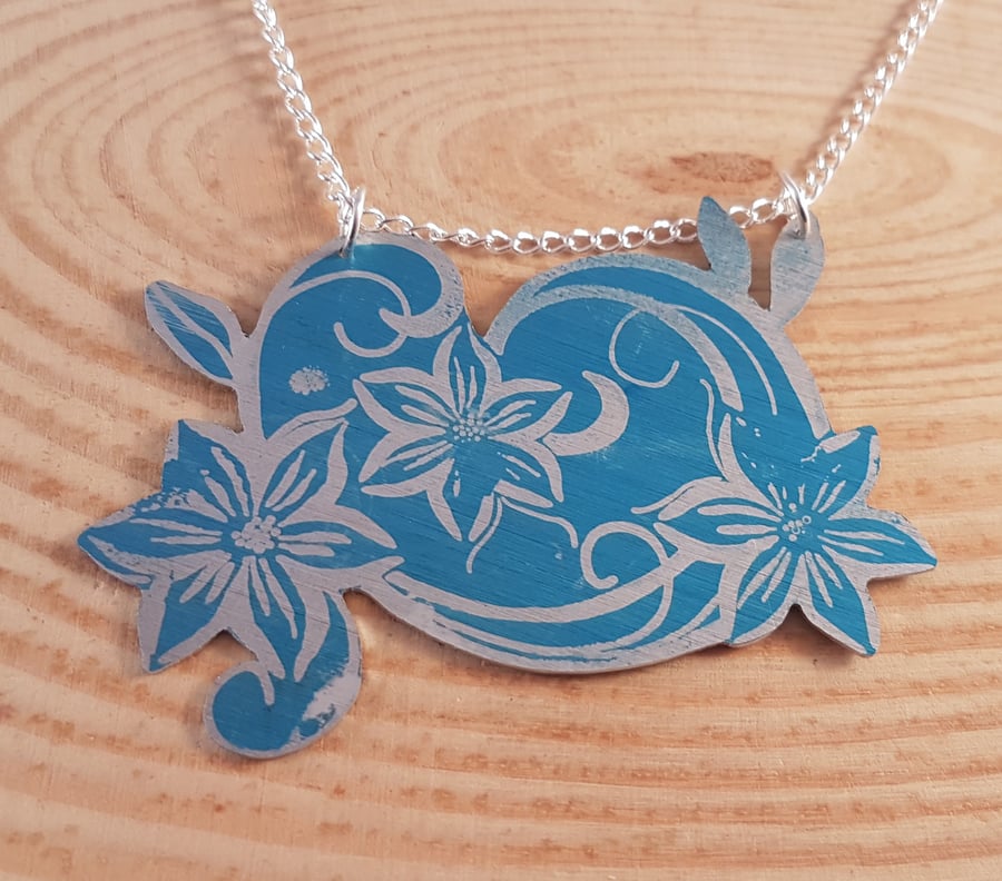 Anodised Aluminium Blue Flowers Statement Necklace AAN041801