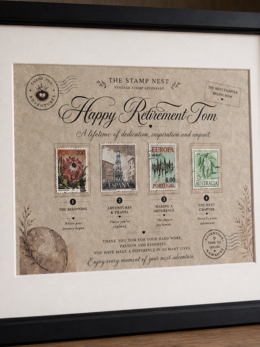 Personalised Retirement Gift -Framed Vintage Stamp Print 