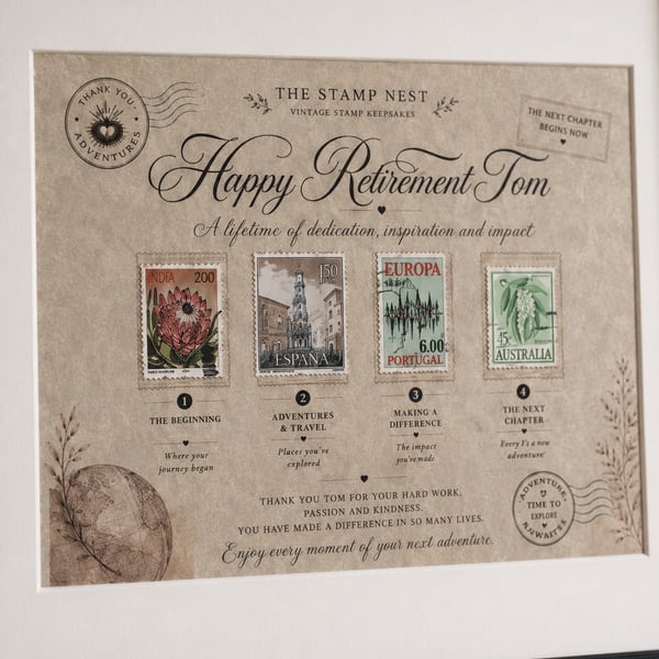Personalised Retirement Gift -Framed Vintage Stamp Print 
