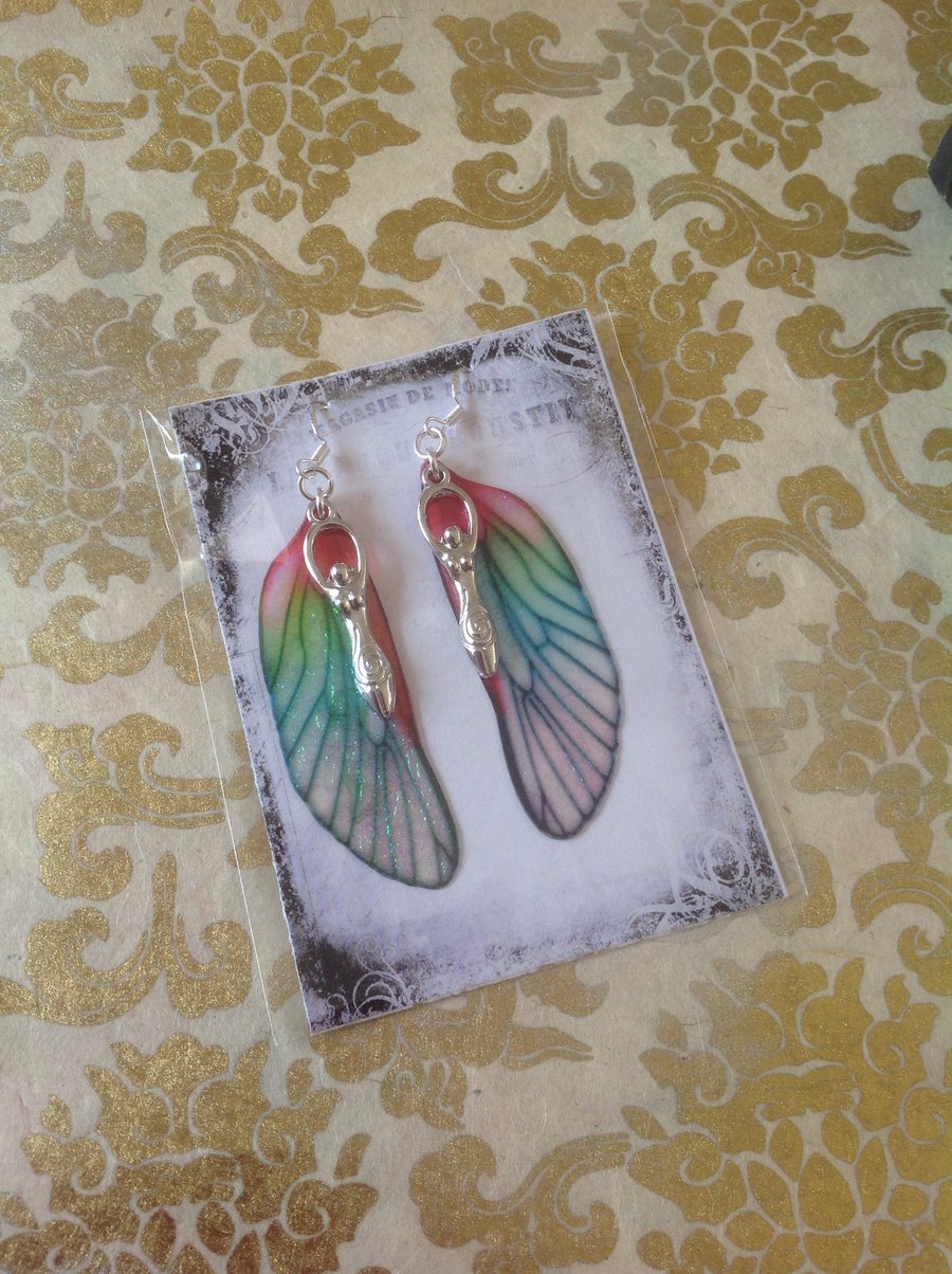 Red and Green Goddess Fairy Wing Sterling Silver Earrings