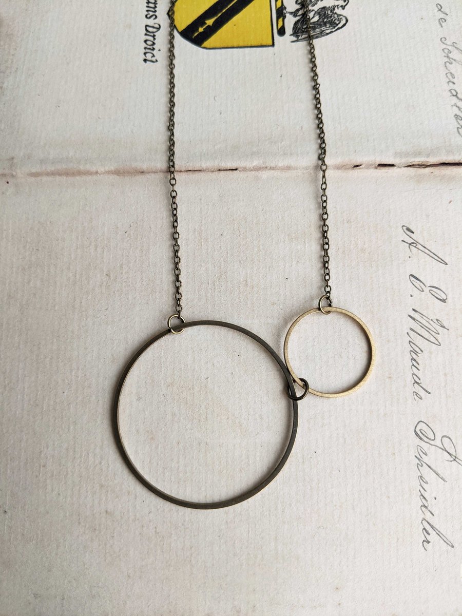 Two Circles necklace - orbits - golden brass circles - one large one small