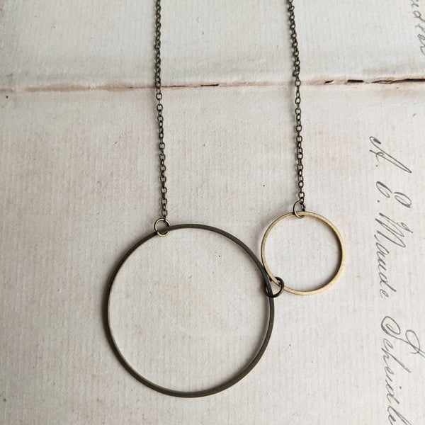 Two Circles necklace - orbits - golden brass circles - one large one small