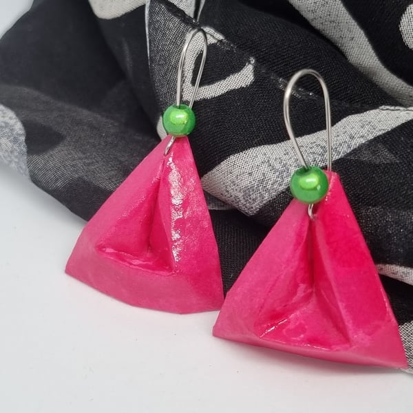 Geometric pink paper triangle earrings