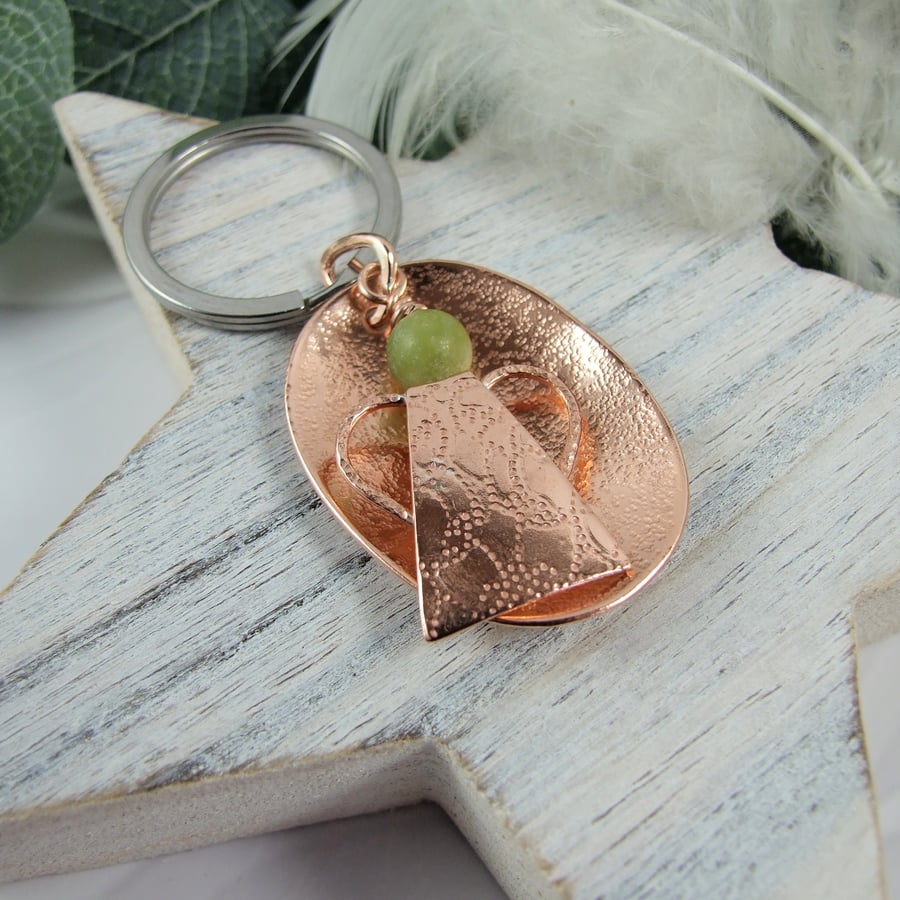 Bag Charm, Guardian Angel. Copper with Nephrite Jade Key Ring