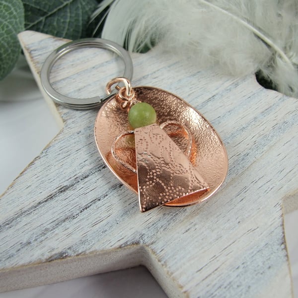 Bag Charm, Guardian Angel. Copper with Nephrite Jade Key Ring