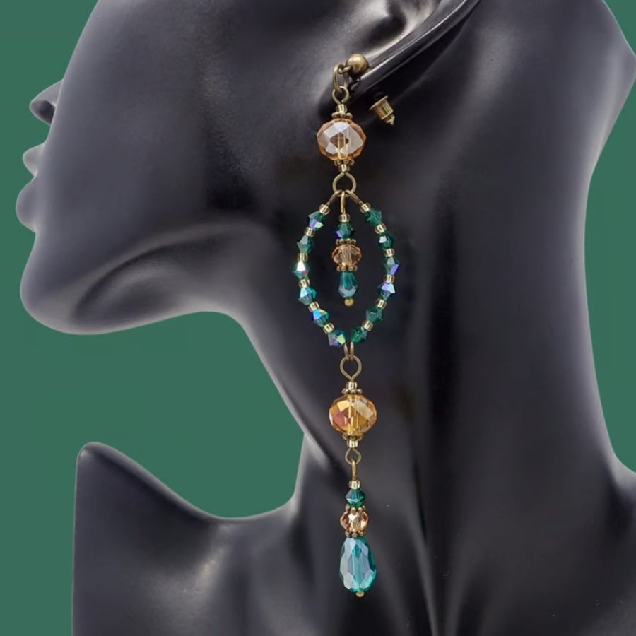 Festive Emerald Green Dangle Statement Earrings, Bohemian Vintage Style 