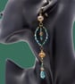 Sparkly Green Chandelier Dangle Earrings with Crystals, Boho Vintage Style 