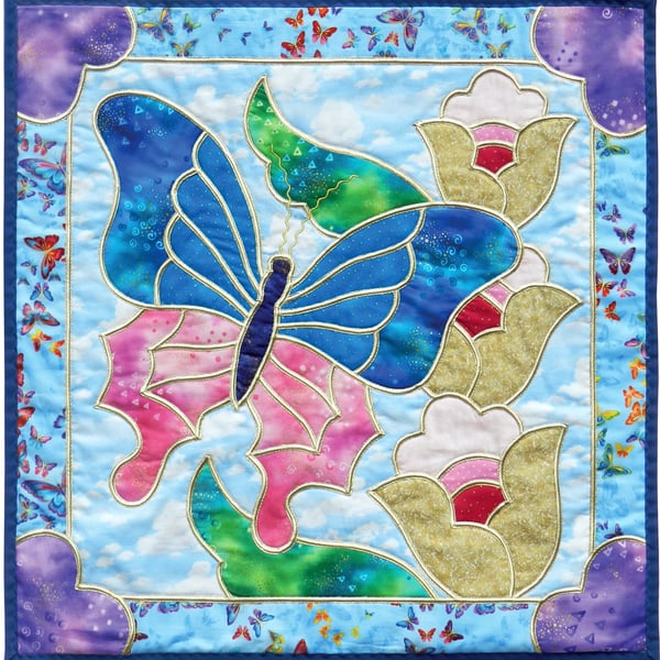 Turquoise and Gold Butterfly Wall Quilt