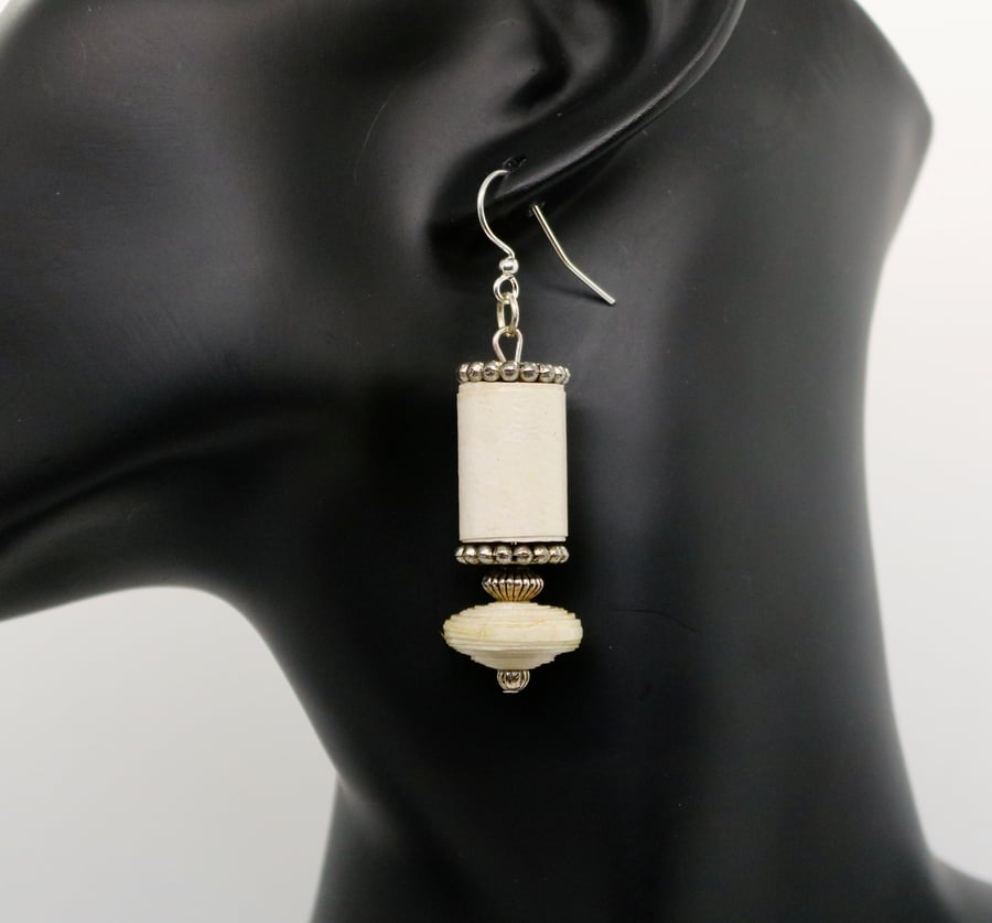 Stylish paper beaded  cream and silvery earrings of middle eastern influence